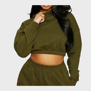 Naked Wardrobe Women Olive ElasticWaist Long Sleeve Cropped Hooded Sweatshirt XL